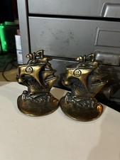 Vintage Metal Library Bookends MCM Clipper Saling Nautical Ships picture