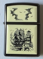 1992 Vintage Fired Zippo Scrimshaw like Lighthouse With Ship Lighter No Case picture