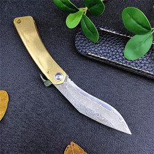 Mini Japanese Folding Knife Damascus Steel Blade Brass Handle Pocket Knife picture