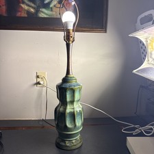 Vintage MCM Hall Pottery Green Blue Ceramic Drip  Lamp Glaze Finish Wood Accent picture