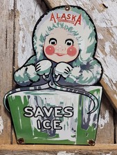 VINTAGE ALASKA PORCELAIN SIGN RARE OLD ICE REFRIGERATOR ESKIMO FREEZER CANADA picture