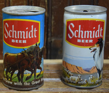 SCHMIDT BEER CAN PAIR BORDER COLLIE SHEEP FARMER TWO HORSE PLOW WISCONSIN BREWER picture