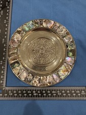 Mexico Alpaca Silver Aztec Mother Pearl Abalone Shell Plate Plaque 1950's Mayan picture