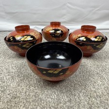 5 Showa Period Wajima-Nuri Owan Serving Bowls 4 Lids & Lacquered Wood Tray Japan picture