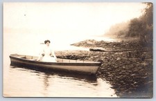 Antique Woman in Rowboat on River Lake Scene 1910 RPPC picture