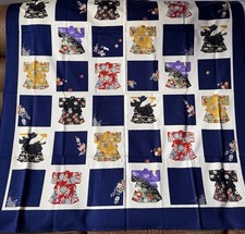 Vintage Japanese Kimono Textile Tablecloth Navy Blue Floral Japan Woven Label picture