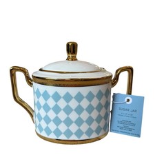 Almeria Blue & White Harlequin Porcelain Sugar Jar w/ Lid Gold Accents NEW picture