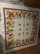 Vintage Linen Fruit Tablecloth Pineapple Strawberry Basket Black Border MCM picture