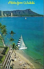 Vintage Postcard, Aloha From Waikiki Beach, Sailboats, Honolulu, Hawaii, used picture