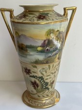 ANTQ 1900 NIPPON JAPAN HAND PAINTED LAND SCENE GOLD TRIM MORIAGE VASE 11”H READ picture