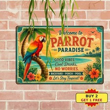 Tropical Parrot Backyard Tiki Bar Porch Poolside Outdoor Art Metal Sign 8x12 picture