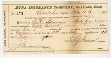 1875 Aetna Insurance Co Receipt Charleston SC Paper Ephemera Antique Document picture