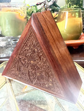 Vintage Handmade Triangular Carved Brass Inlaid Wooden Box Trinkets Jewellery picture