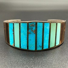 Vintage Southwestern Turquoise Shell Silver Inlay Bracelet Cuff 6-3/4