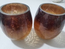 Brown Ombre Crackled Glass Candleholders Planters Cups Set of 2 picture