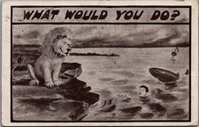 1911 Comic Postcard WHAT WOULD YOU DO? Lion Man Drowning Submarine J.P.P. Art picture