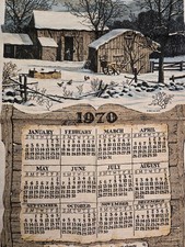 1970 Linen Calendar Tea Towel Vintage Barn Snow Chickens Scenic Rustic Farmhouse picture