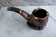 Vintage NAPCO POTTERY Pipe Shaped Ashtray Brown Glossy Gold Accents Japan picture