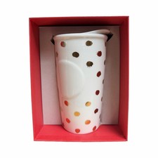 2014 Starbucks White And Gold Polka Dot 10 oz Ceramic Travel Tumbler With Lid picture