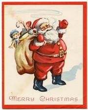 Santa Claus carrying bag of presents - Vintage 1949 Christmas Greeting Card picture