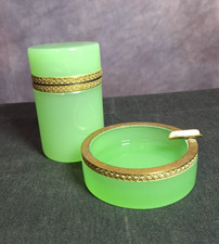 VTG 2 PIECE Heavy GREEN GLASS Brass Edge SMOKING SET - Ashtray is Uranium Glass picture