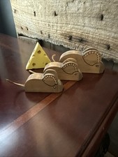 Vtg Wooden Mouse Wood Figures - 3 plus cheese Brown Leather Ears & Tail MCM picture
