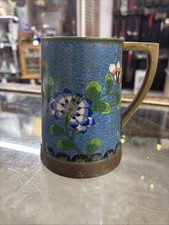Vintage Cloissone Copper/Blue Enamel With Flowers Mug Hard To Find picture