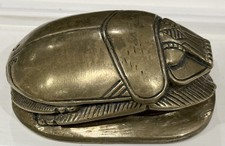 Vintage Egyptian Revival Scarab Beetle Paperweight Bronze Heavy Hieroglyphic  picture