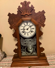 Antique Wood & Glass Shelf Clock Roman Numerals Analog Pendulum Brown picture