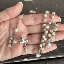 1800's French Mother of Pearl Sterling Silver Rosary Hand Carved Nacre Beads picture