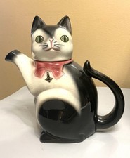 Sitting Cat Teapot Ceramic Glossy Tuxedo Cat Lovers/Collectors West Germany picture