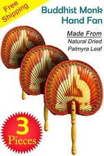 3pcs Buddhist Monk Hand Fan Traditional Thai Ceylon Sri Lanka Talipot Palmyra US picture