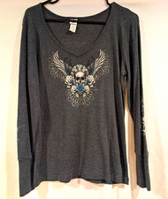 Harley-Davidson Women's Long Sleeve V-Neck Graphic Tee Skull Wings Roses XL picture