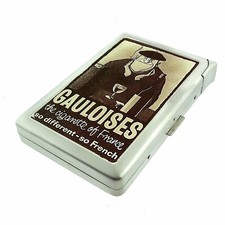 So French Vintage Cig Ad Cigarette Case w/Built in Lighter Metal Wallet picture