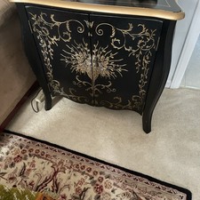 Asian Style Black Lacquer Cabinet Hand Painted Scrolls Design Patterns 30” H picture