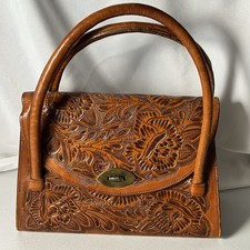 Vintage Tooled Leather Handbag Purse Mexico Lopez 1950s Mid Century Floral picture