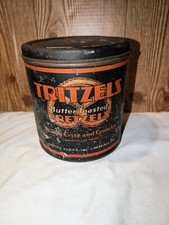 EX RARE Vintage Tritzels Pretzels Advertising Tin Can W/ Lid 7.5