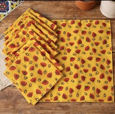 Vintage Neiman Marcus NEW Cotton Napkins Set of 8 Yellow Floral Folk Art picture