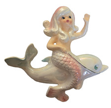 Lefton/Japan Vintage Mermaid Wall Plaque Riding Dolphins w/ Rhinestone Eye #6445 picture
