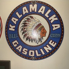VINTAGE KALAMALKA INDIAN GASOLINE PORCELAIN CHIEF GAS SERVICE PUMP PLATE SIGN picture