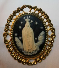 Lovely Swirl Rim Navy Blue Cream Our Lady Queen of Heaven Cameo Religious Brooch picture