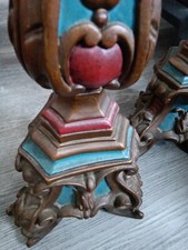 French Canadian Antique Blue Red Cathedral Candlesticks Rare picture