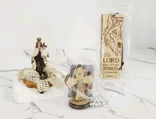 Inspirational Catholic Devotional 3pc Lot Statue Rosary Cross Wood Wolf Bookmark picture