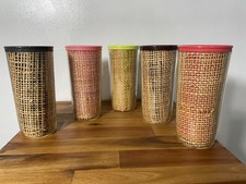 Vintage Raffia Ware Tumblers Set of 5 Multi‑Color 1960s Insulated MCM picture