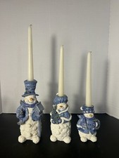 Snowman Family Tapered Candle Holders 3pc Blue White Frosty Vintage 2000 picture