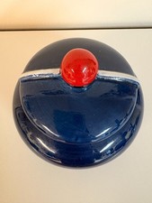 Vintage Vallauris France Ceramic Lidded Jar Cobalt Blue Sugar Pot Red Knob picture
