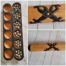Carved Wood African Mancala Game w/ 40 Bonduc Seeds picture