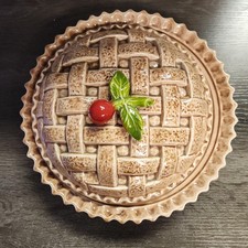 VTG Ceramic Cherry Pie Keeper Holder Lid Lattice Crust Covered Serving Dish 10” picture