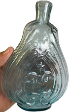 Antique GIX-31 Double Star Scroll Flask Bottle Teal Pontil Louisville Kentucky picture