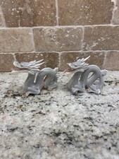 Vintage Yoshimi K Foo Dragon Figurines Lot Of 2 Porcelain Grey/White Sphere picture